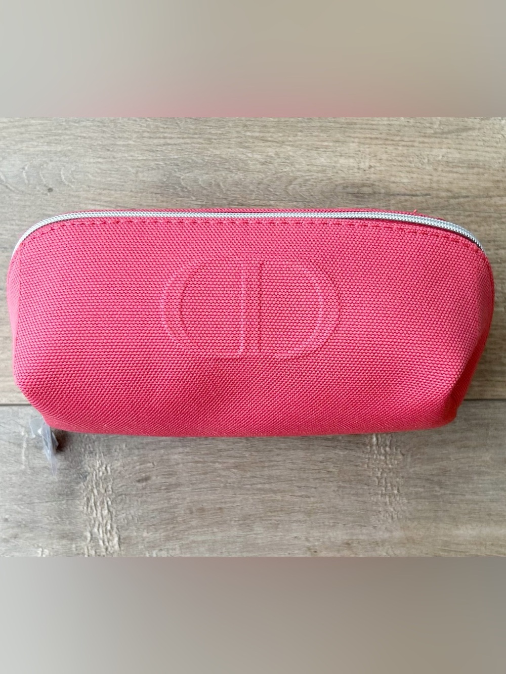 Christian Dior Canvas Logo Makeup Bag Pouch Zipper Coral Pink Silver